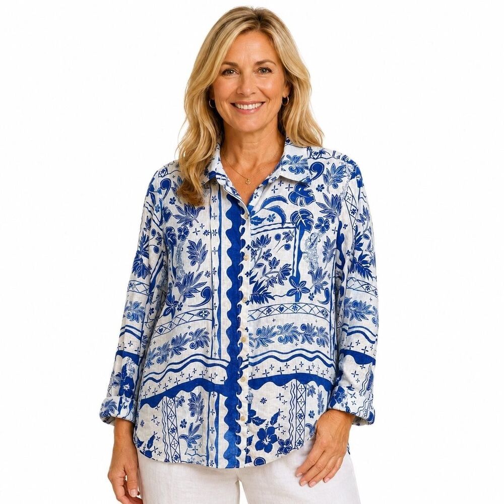 Joie Shirt Womens Large Blue Floral Linen Collared Button Front Long Sleeve Top
